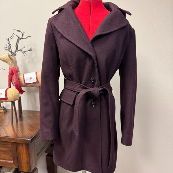 London Fog Wool Coat Burgandy with hood, belt and pockets for women size L - Picture 1 of 15